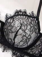 Black Lace Bra Brief Sets for Women Sexy Romantic Transparent Underwear with Flowers See through Erotic Lingerie