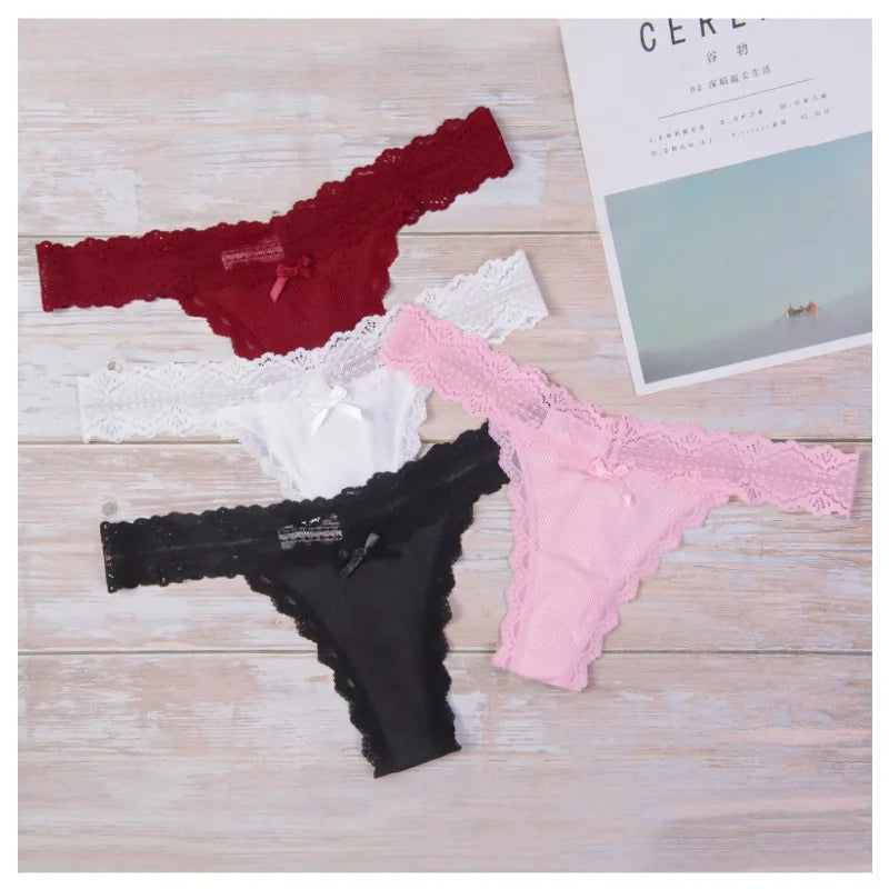 1pcs Low Waist Sexy Lace Elegant Lady Thongs Underwear Solid Breathable Sexy Lingerie Floral Female Panties Bow Women's G-string