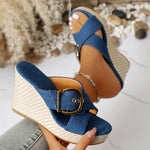 Denim Cross Stap Wedge Heeled Sandals Women Summer Peep Toe Chunky Heel Slippers Woman Plus Size 43 Slip On Platform Sandles