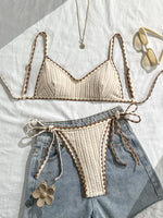 Sexy Triangle Bikini Set 2026 Women Beige Patchwork Pleate Push Up Bra Tie Side Thong Swimsuit Beach Bathing Suit Micro Swimwear