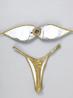 Sexy Bandeau Bikini 2025 Women Gold Black Metal Ring Linked Hollow Out Push Up Micro Swimsuit Shiny Bathing Suit Thong Swimwear