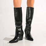 Fashion Wedge High Heels Long Boots Women Plus Size Pu Leather Knee High Botas Mujer Sexy Punk Black Pointed Toe Boots Woman