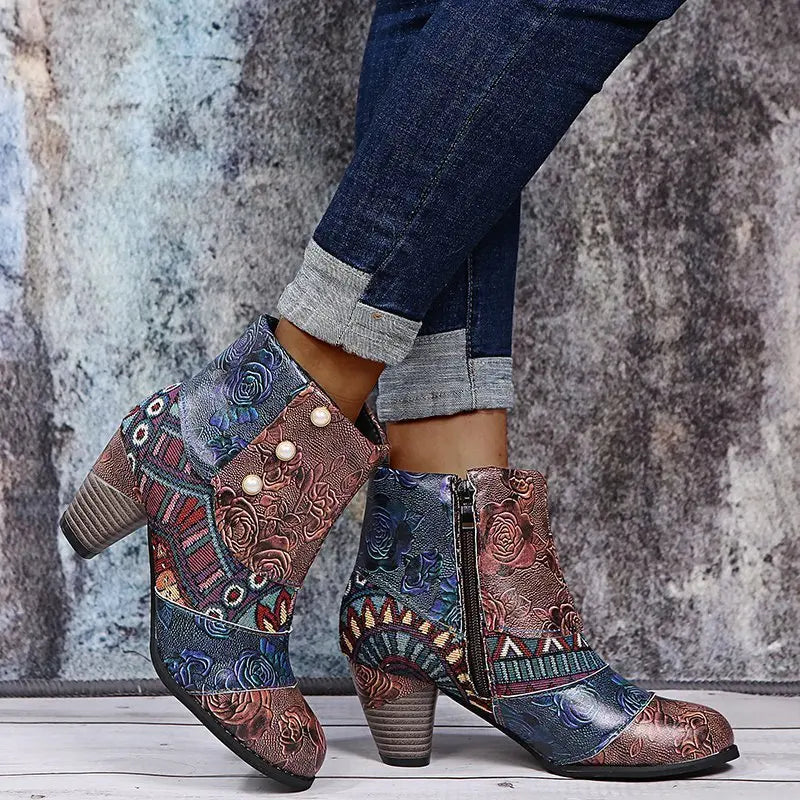 Ankle Boots Women Autumn PU Women's Shoes Ethnic Waterproof Casual Vintage Shoes Zipper High Heel Short Boots Botas Mujer