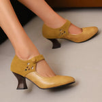 Summer Spring Cute Women Pumps Round Toe 6.5cm Small Heels Flock and PU Ankle Strap Buckle Green Yellow Big Size 46 48