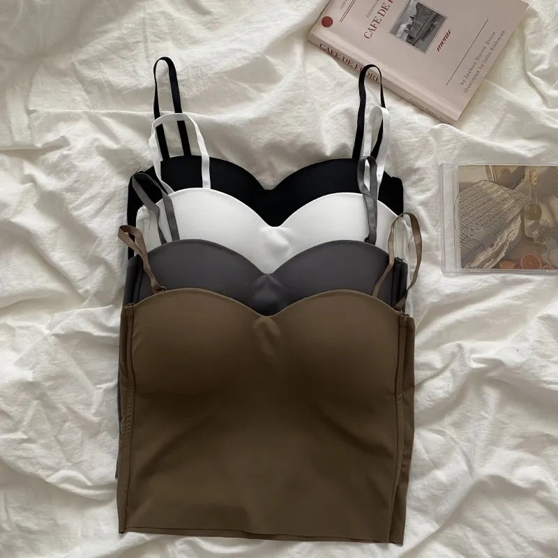 Women Tops With Built In Bra Ice Silk Tube Top Seamless Bra Femal Comfort Underwear Wirefree Padded Brassiere Sexy Crop Top