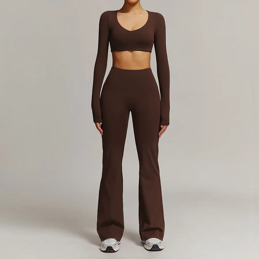 Women 2PCS Yoga Suit Sports Gym Set Tracksuit Workout Long Sleeve Shirt Fitness Flared leggings Short sleeve shorts running suit