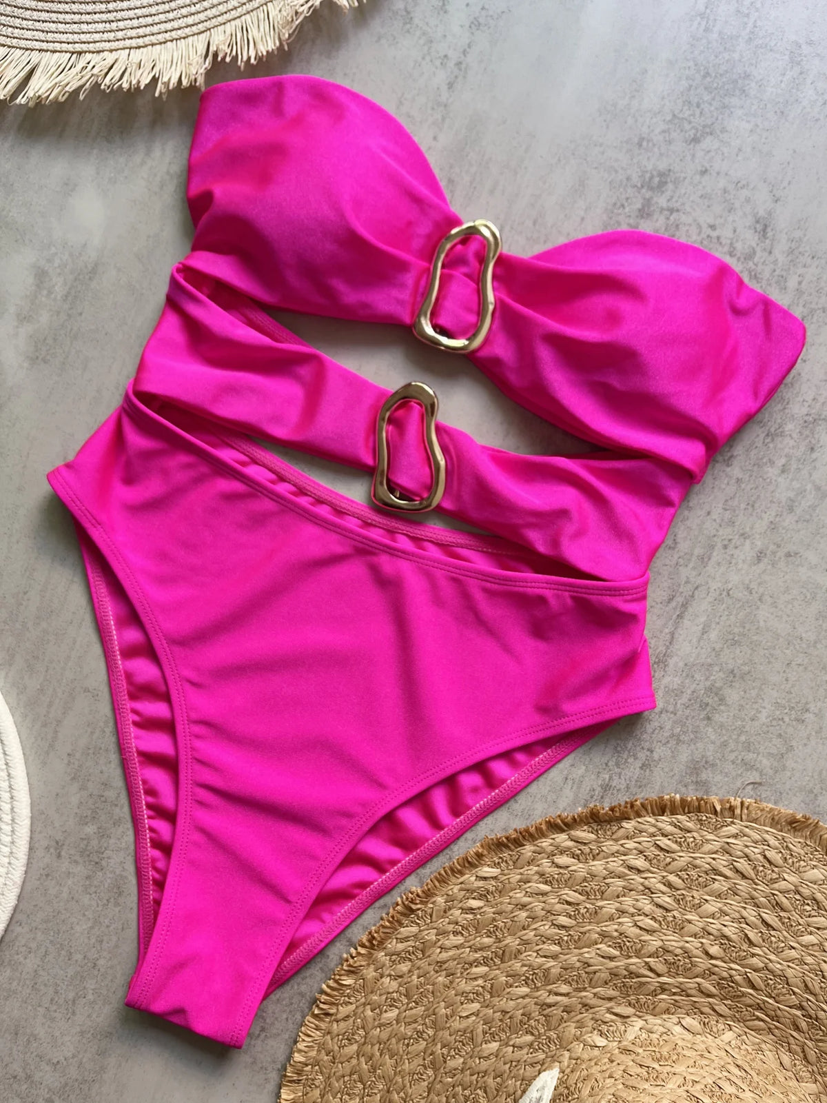 6 Colors Sexy Metal Rings Cut Out Women Swimwear One Piece Swimsuit Female Bandeau High Leg Cut Bather Bathing Suit Swim B027D