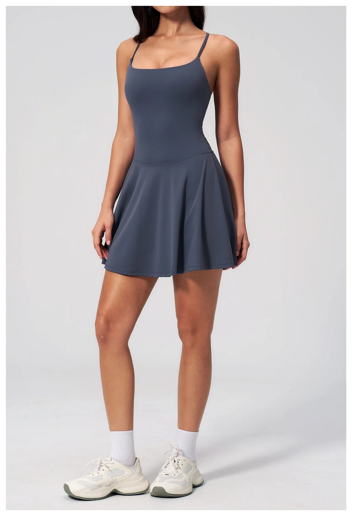 Women Tennis Dress with Shorts Pocket Square Neck Hollow Back Sleeveless One Piece Sports Outfit Fitness Pleate Mini Dresses