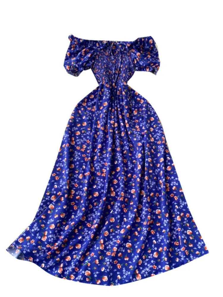 2025 Summer French Vintage Floral Dress Fashion Elegant High-Waisted Drawstring Vestidos Printed Fresh And Sweet Long Dresses
