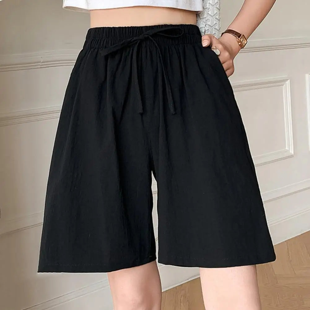 Wide Leg Loose Short Pants Women Summer Casual Shorts Elastic Waist Drawstring Pockets Shorts Solid Color Streetwear