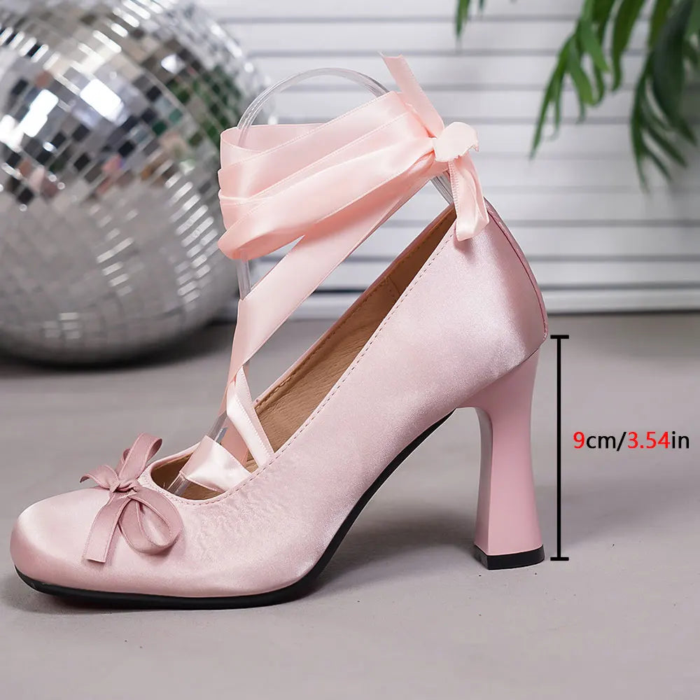 Brand Design Big Size 43 Sweet Pink Mary Jane Pumps Cross-tied Satin 9cm High Heels Ballet Shoes White Party Wedding Shoes Women