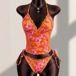 DEKA Women Strapped Print Swimwears Lace-up Bikini Set Halter V Neck Front Tie Cami Top Swim Lady Bathing Suit