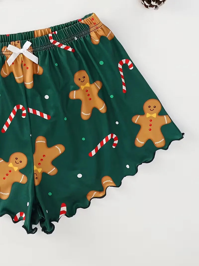 Christmas Clothes Cute Soft Gingerbread Print 2 Pieces Pajama Set Women's Sleepwear Crop Tops and Shorts Sets Loungewear