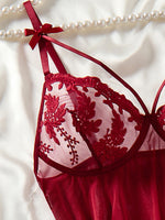 Ladies' Wine Red Countryside Style Wheat Ear Embroidery Semi Transparent Nightgown, Elegant and Comfortable, Bow Design ZA825066