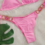 Sexy Rhinestone Bikini Set Women 2026 Luxury Pink Crystal Diamond Push Up Bandage Thong Swimsuit Beach Bathing Suit Swimwear