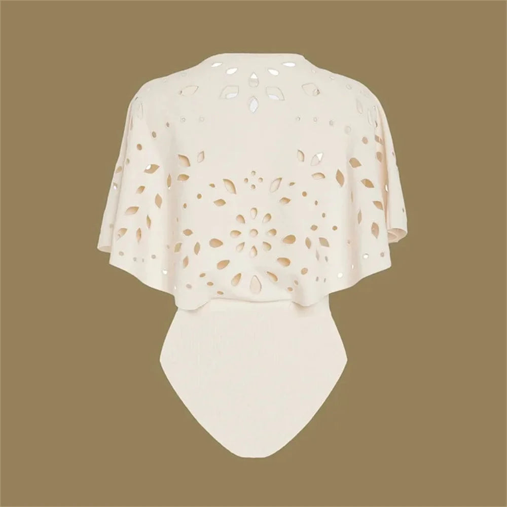 Vintage White Long Skirt Swimwear Set 2025 Women Ruffles Hollow Out Slim One Piece Swimsuit Summer Holiday Bathing Suit Monokini