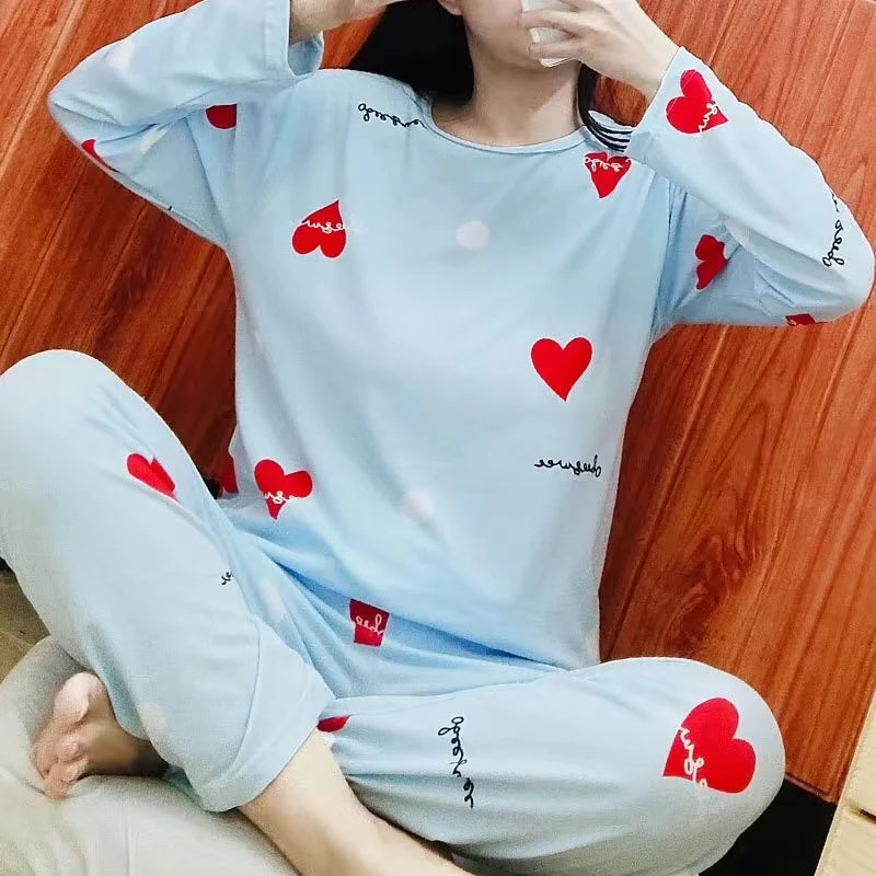Women Pajamas Plus Size Long Sleeve Student Loungewear Spring Fashion Breathable Print Pullover Top Trouser Set Can Be Worn Outs