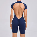 Padded Backless Yoga Cycling jumpsuitWomen Zipper GYM Sportswear Fitness One Piece Sports Suit V Back Workout Playsuit