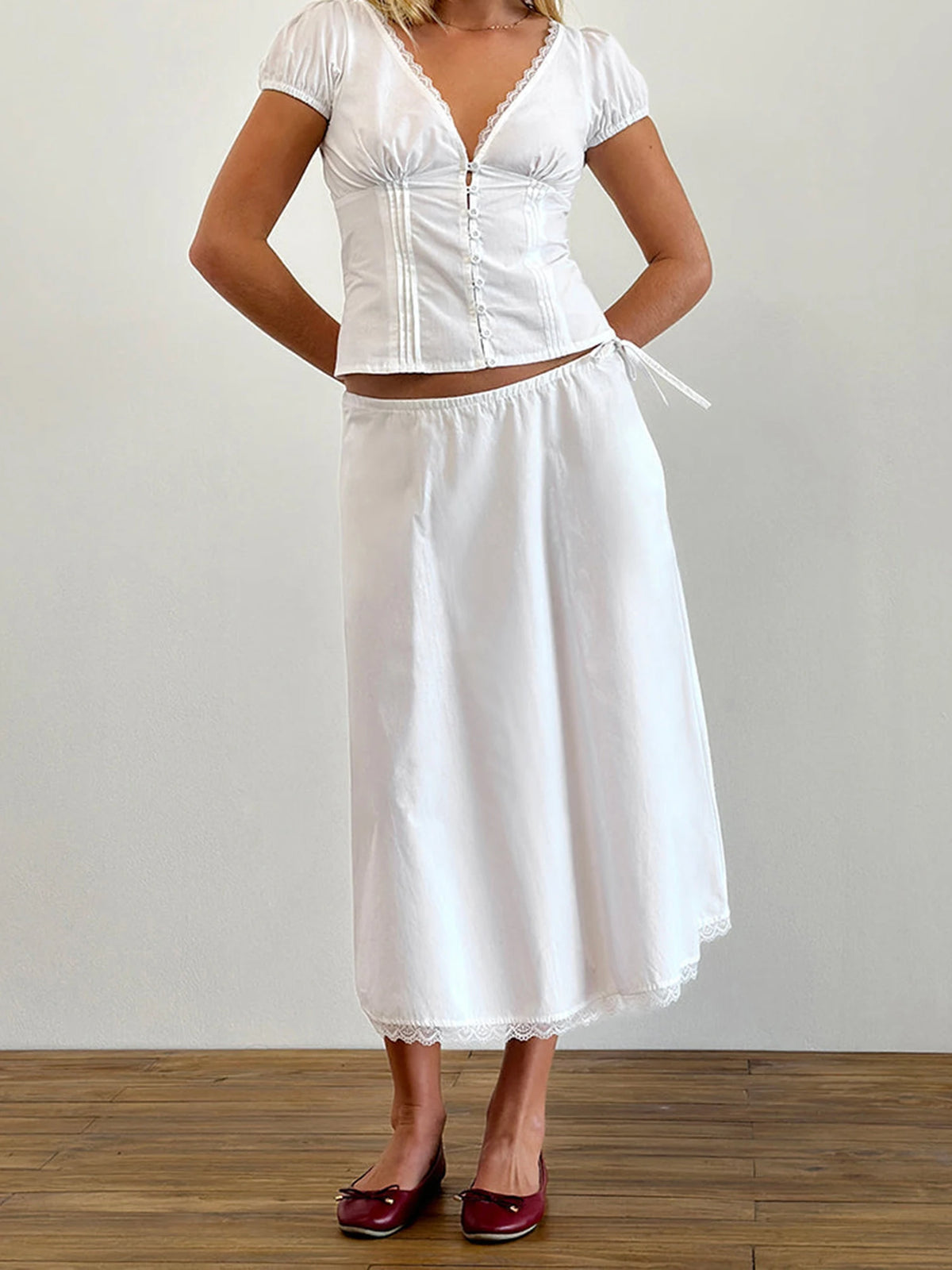 Women's Summer Solid Color Casual Shirt Short Sleeve Deep V Neck Lace Trim Buton Up Party Sweet Crop Tops