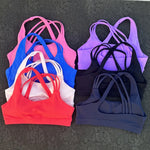 Solid Color Women Fitness Sport Bra Top High Strength Cross Shoulder Strap Gym Underwear Shockproof Tight Workout With Chest Pad
