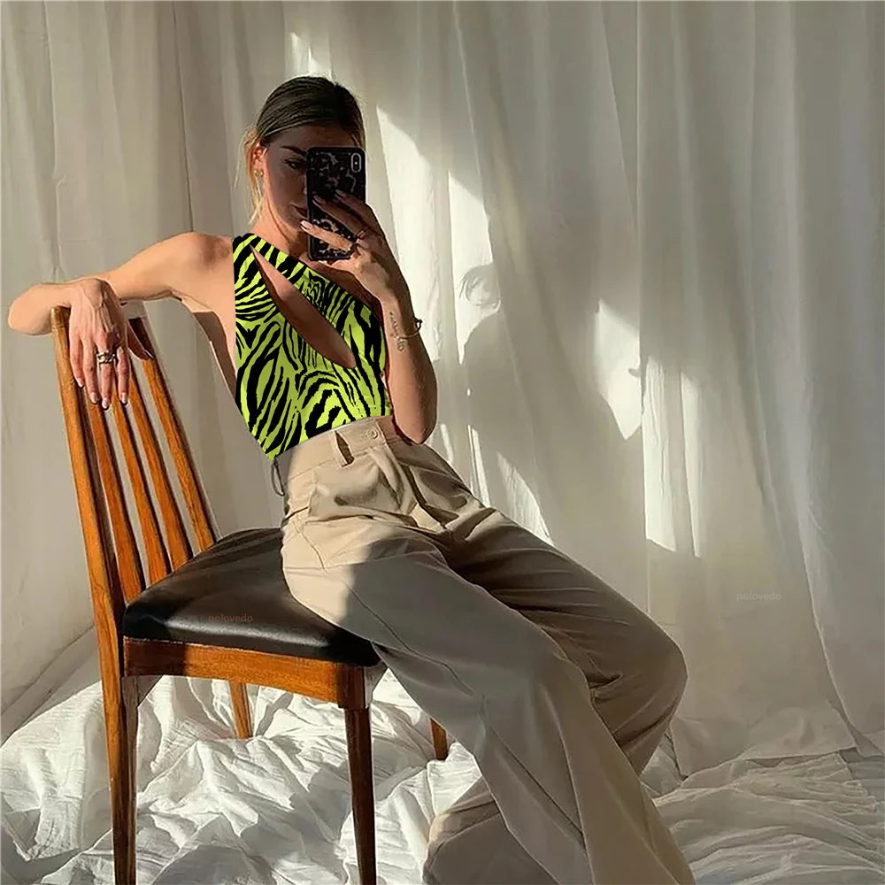 2023 Women One Piece Swimsuit Zebra One Shoulder Female Swimwear Sexy Monokini Hollow Out Beachwear Push Up Bodysuit