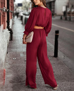 Women's 2-piece casual color Ding set 2024 autumn casual long sleeved top, loose pants can be worn as outerwear home suit set