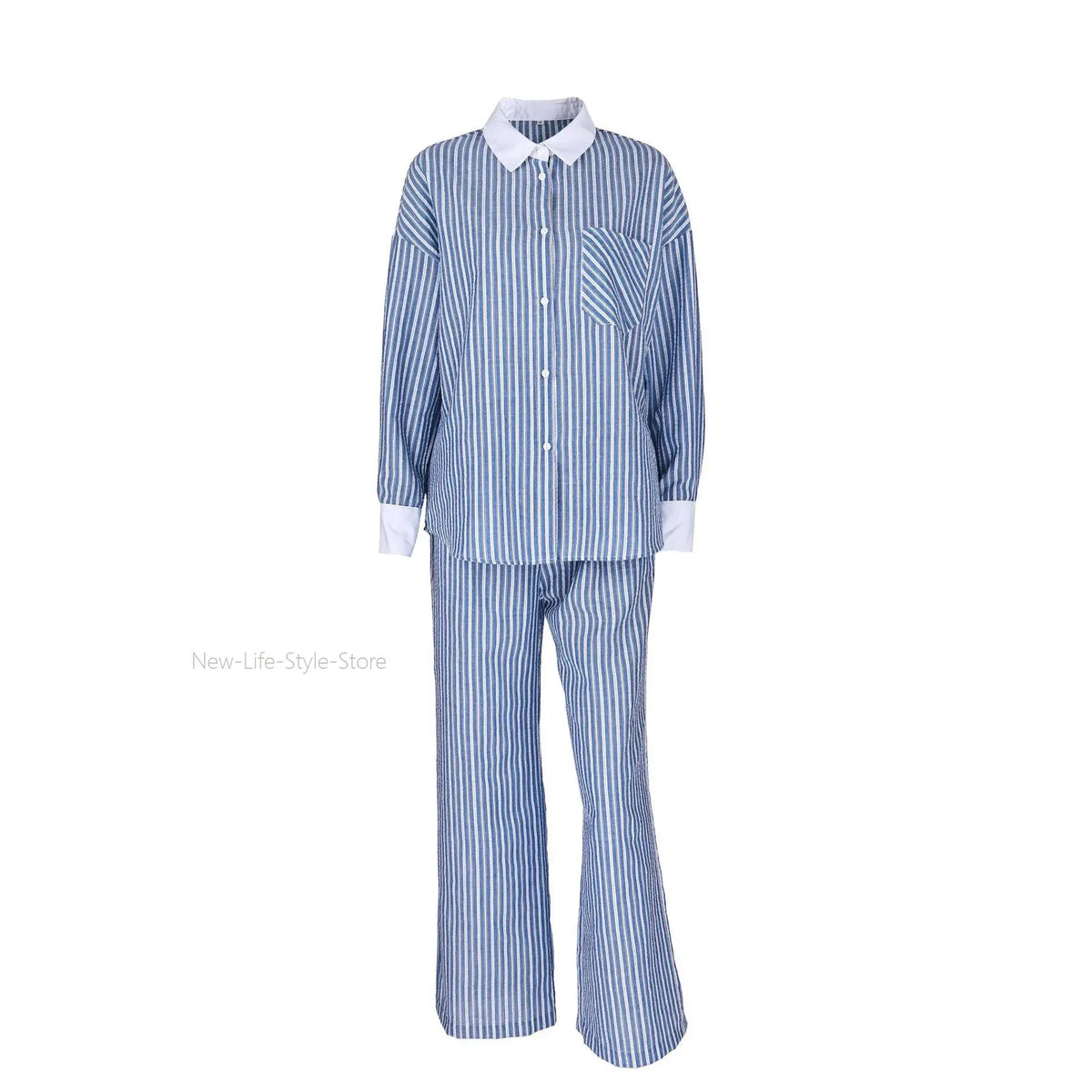 Women Autumn Winter Color Block Striped Pajama Set Skin Friendly Loose Long Sleeve Pants Two Piece Ladies Homewear Sleepwear