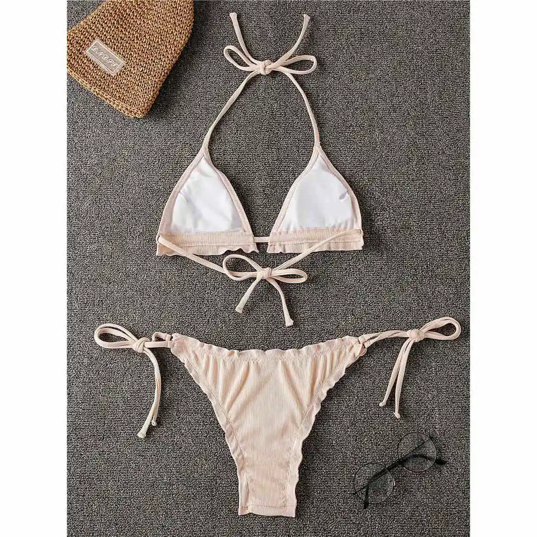 Ruffled Frilled Brazilian Bikini Women Swimwear Two-Pieces Bikini Set Female Swimsuit Halter Bather Bathing Suit Swim Lady V2817