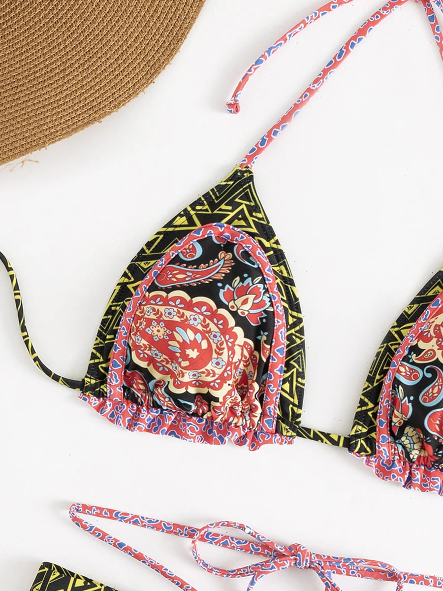 Floral Print Halter Ruffle Frilled Bikini Women Thong Swimwear Female Swimsuit Two-pieces Bikini Set Bathing Suit Swim Beachwear