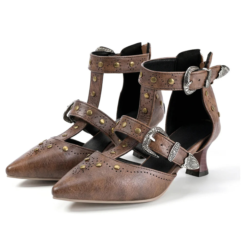 2026 Big Size 32-50 Vintage Gothic Punk Pointed Toe 6cm Kitten Heels with Western Cowboy Buckles & Studs Sandals Women Shoes