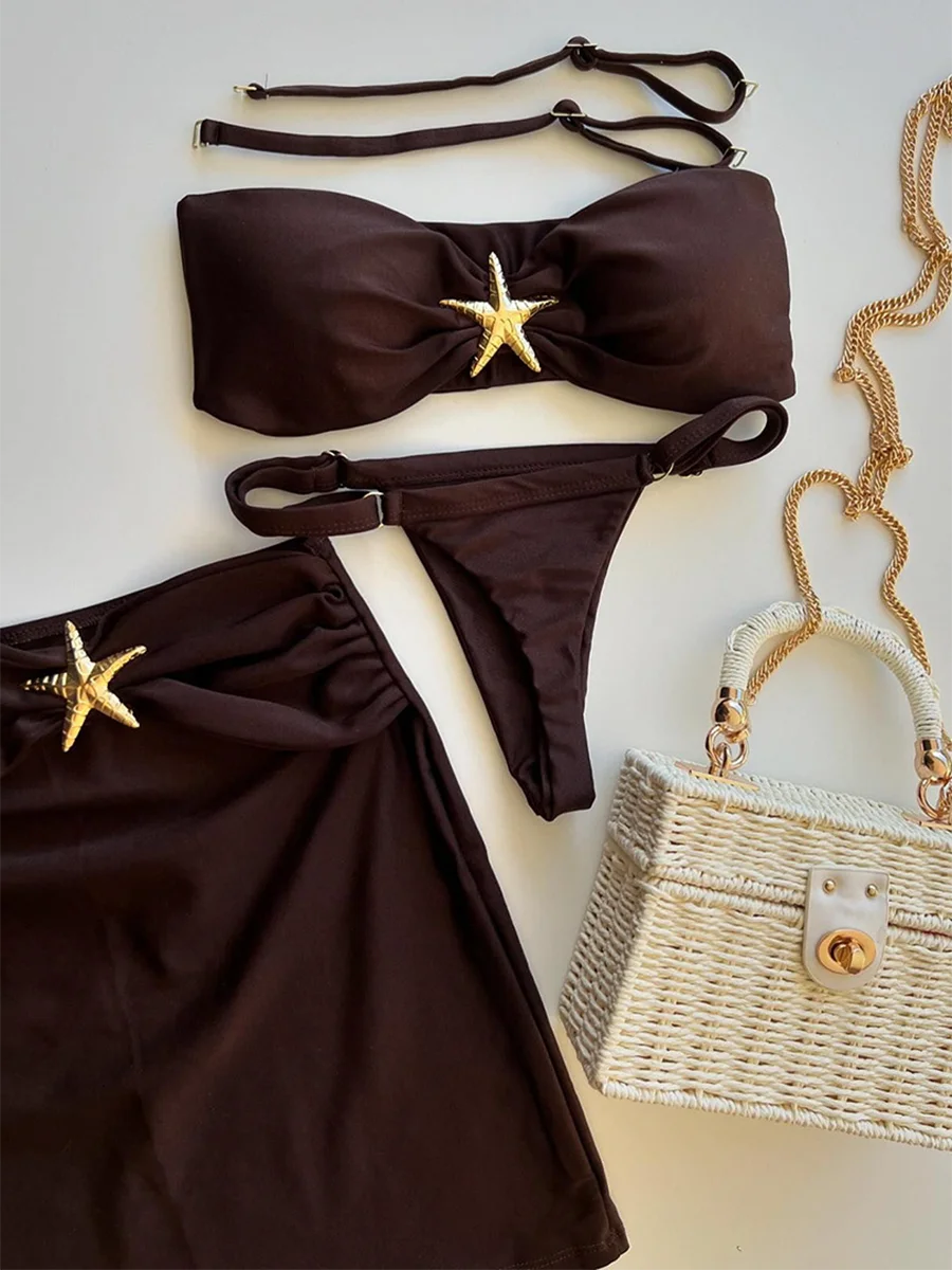 3 Pieces Starfish Thong Bikinis 2026 Solid Swimwear Female Sexy Solid Swimsuit Women & Beach Skirt Bathing Swimming Swim Suit