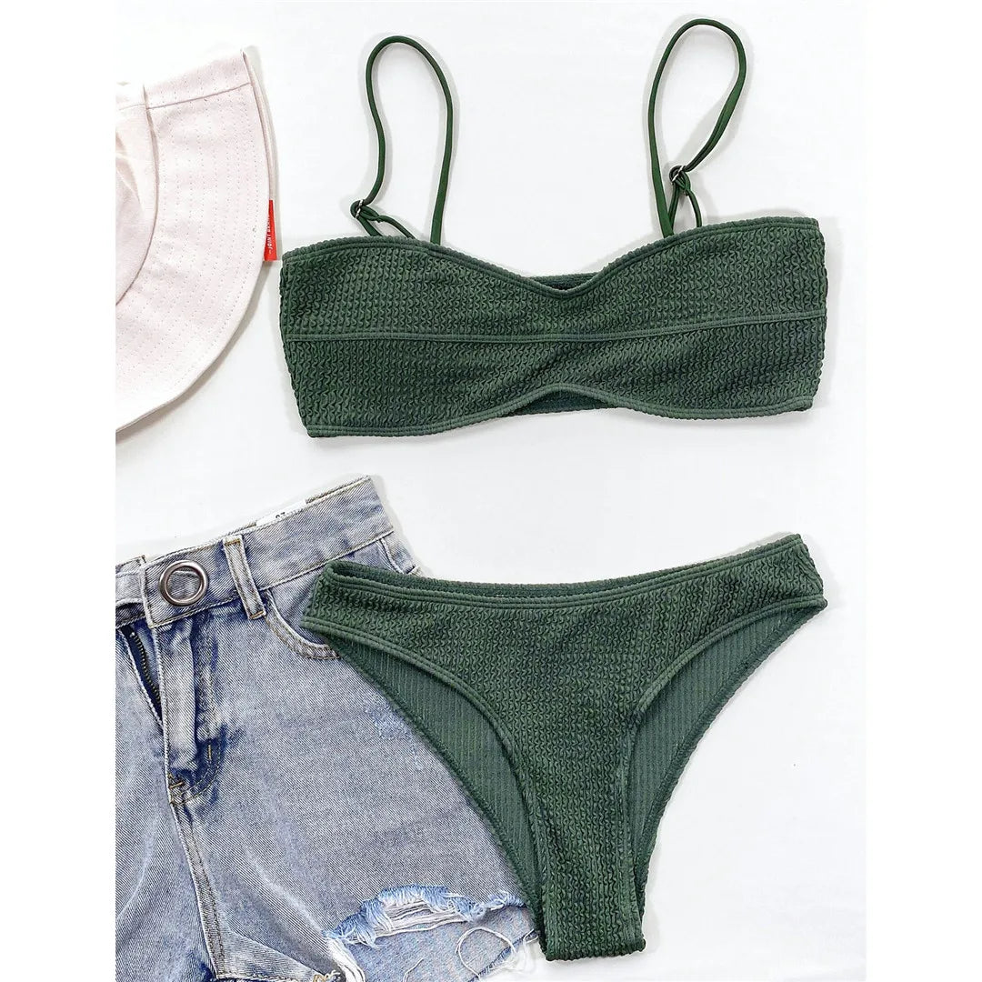 New Sexy Wrinkled Mid Waist PaddedBikini Women Swimwear Female Swimsuit Two-Pieces Bikini Set Bather Bathing Suit Swim V3163