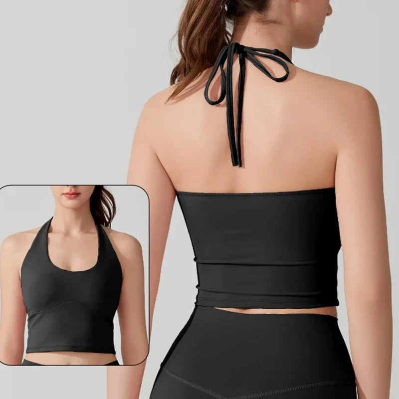 Women's Halter Neck Sports Bra Vest Slimming Tube Top for Yoga Gym Running Beautiful Back Sling Design One Cup Gathered Summer F