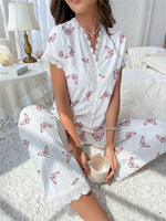 New Cute Ribbed Knit Pajama Set Womens Cherry Print V Neck Short Sleeve Top and Pants Two Piece Sleepwear Lace Trim Homewear Set