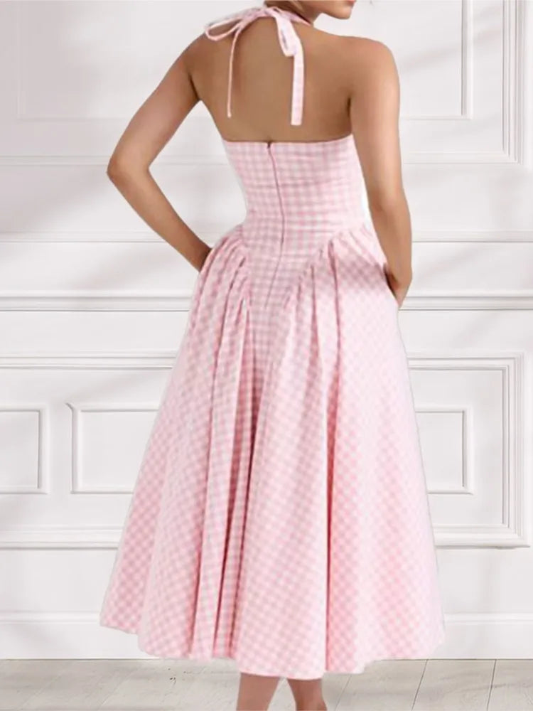 Elegant V-Neck Pleated Long Dresses Women High Waist Summer 2025 French Style Fashion V-neck Backless Lace-up Vacation Vestidos