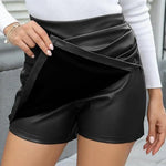 Women High-Waisted Mini Skort Pure Color Slimming Design Fake Skort Ladies Faux Leather Hip-Covered Mini Skirt For Daily Wear