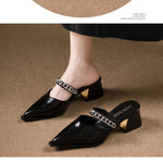 Summer New Baotou Sandals Pointed Toe Shallow Mouth Metal Chain One Slip Strap Anti-slip Outer Wear Square Heel High Heels