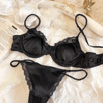 Summer Women Lingerie Set French Sexy Lace Ultra Thin Bra Set Silk Fabric Comfort Adjustable Strap Bralette Thongs Underwear Set