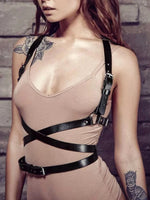 PU Leather Bondage Women Harness Outfit Adjustable Strappy Costume with Buckle Belt Thigh Straps Gothic Halloween Costume Set