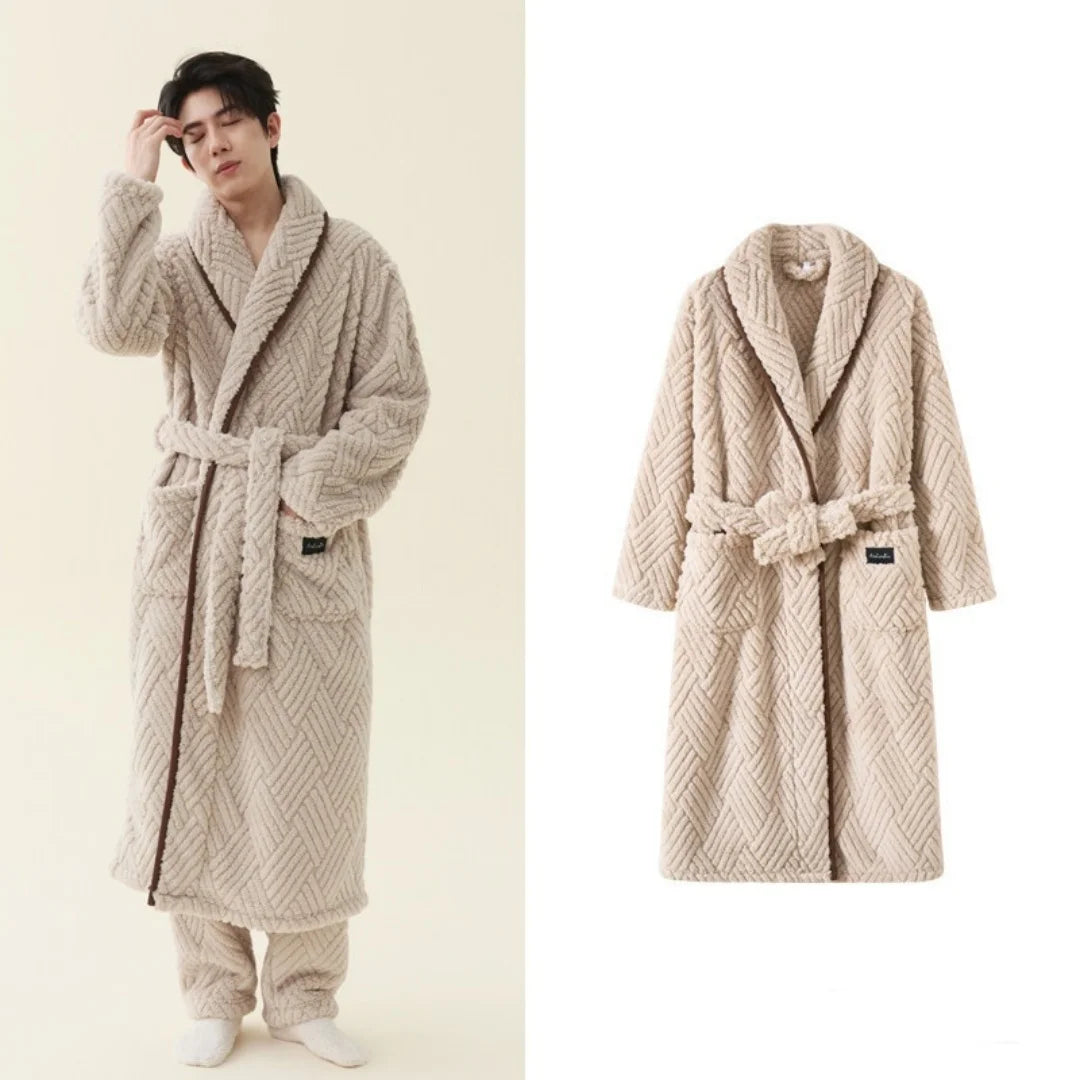 Men Women Jacquard Coral Fleece Bathrobe Autumn Winter Thick Warm Couple Sleepwear Soft Plush Loose Indoor Home Loungewear