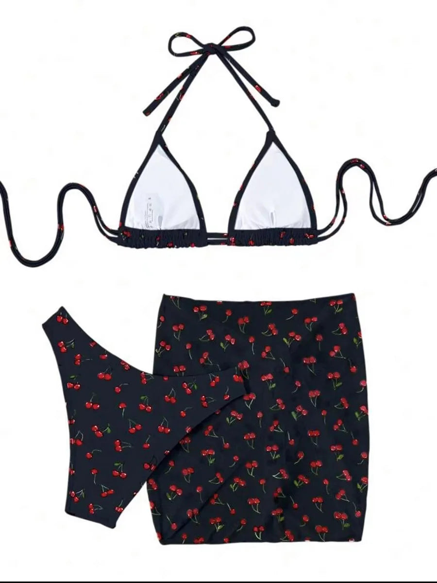 With Mesh Skirt Cherry Printed Bikini Female Swimsuit Women Swimwear Three Pieces Bikini Set Halter Bathing Suit Swim Beachwear