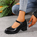 Plus Size 42 Black Thick Heels Pumps Women Classic Pu Leather Platform Mary Jane Shoes Woman Ankle Buckle Office High Heel Shoes