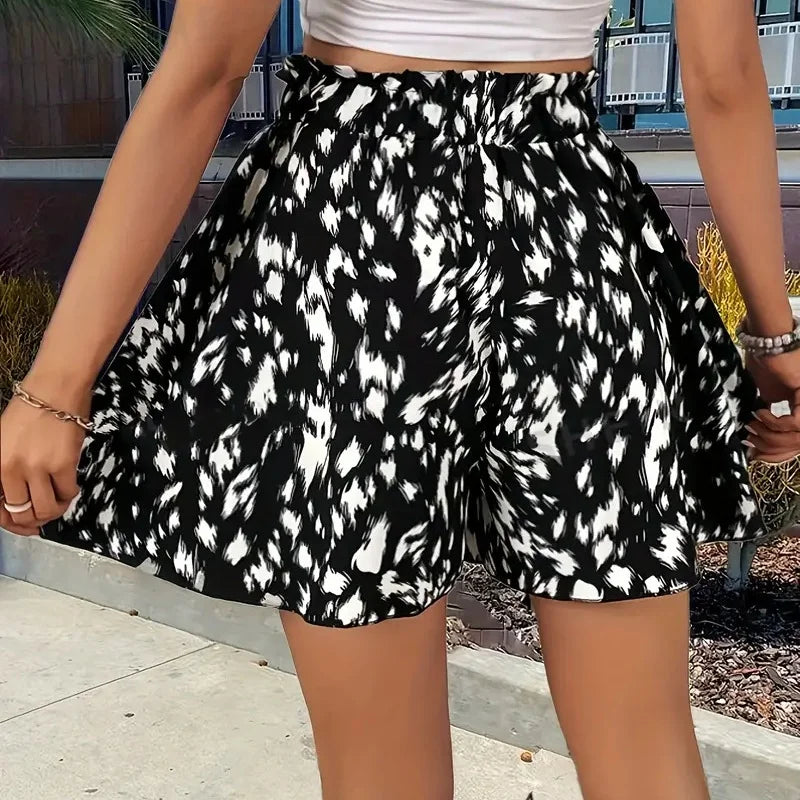 Print Loose Wide Leg Shorts for Women Shorts Summer Casual Elastic Waistband A-Line Shorts Chic Ladies Holiday Beach Shorts