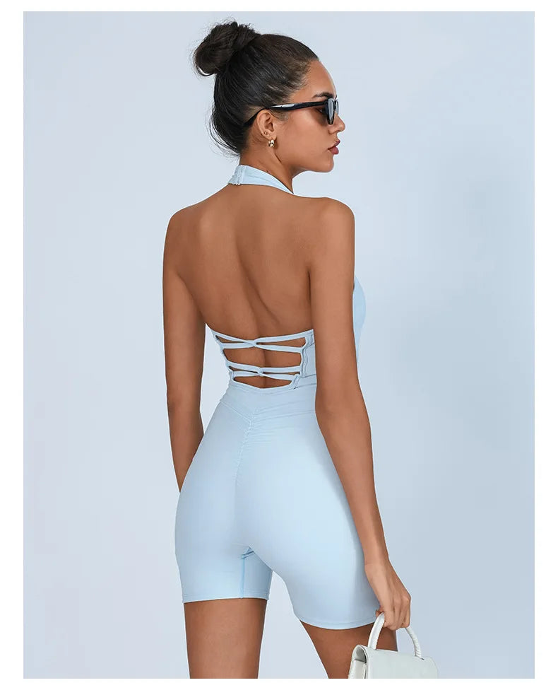 Summer Yoga Jumpsuit Back Hollow Out Bandage Pleate Pocket Shorts Sports One Piece Suits Butt Lifting Fitness Workout Bodysuit