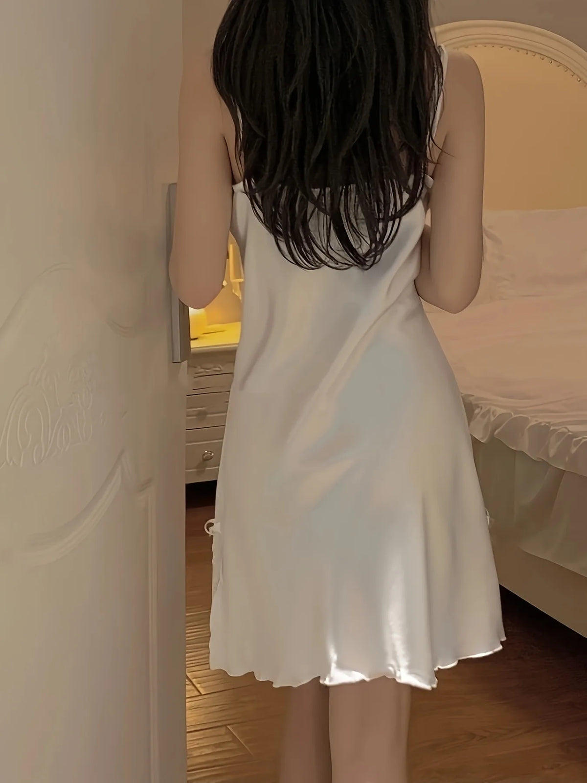 Women Lace Satin Nightgown Strapless White Slip Dress with Bow Detail, Silky Summer Sleepwear Home Dress
