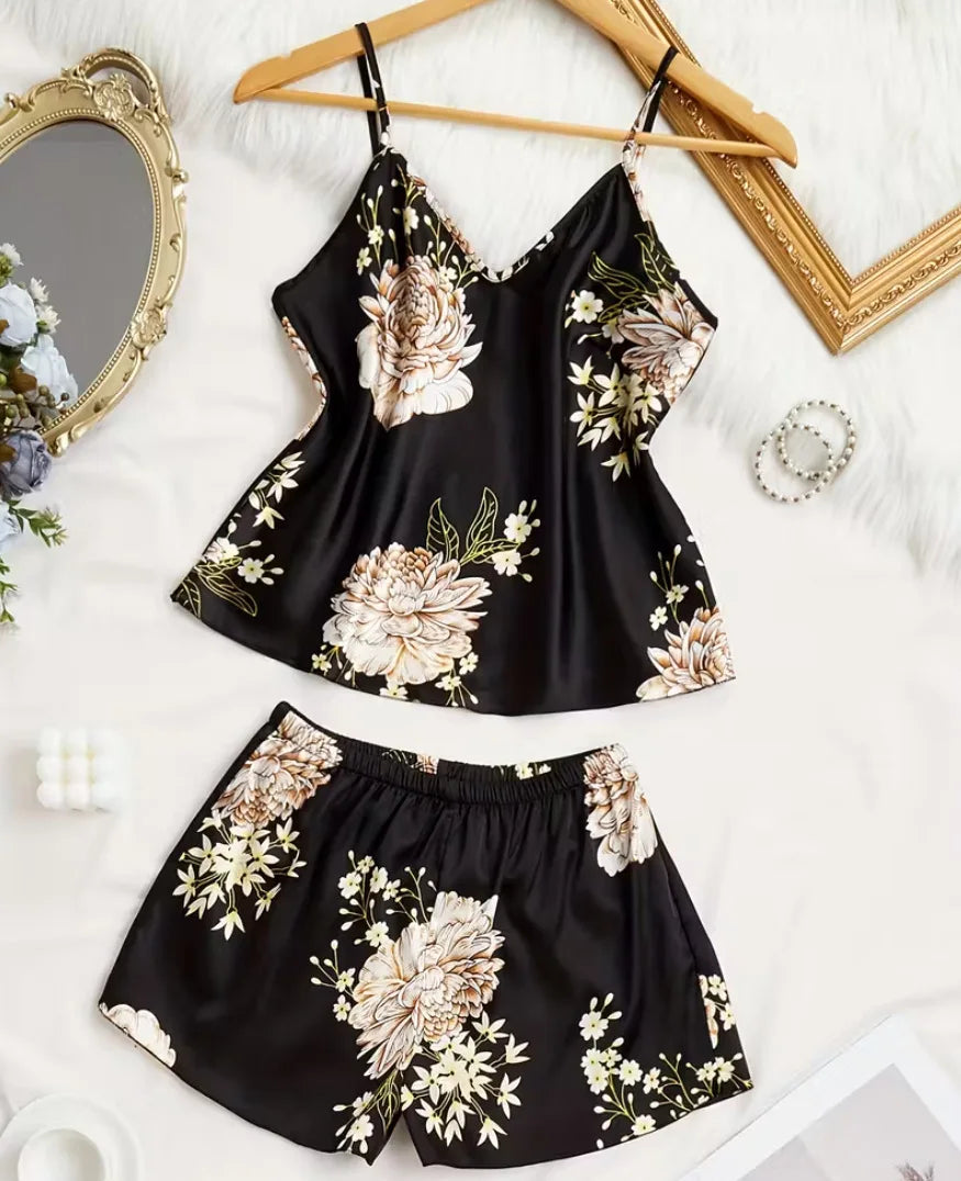 New Women's Summer Sexy Fashion Printed Pajama Set Satin Comfortable Breathable Soft Home Clothes Strap Sleeper Two Piece Set
