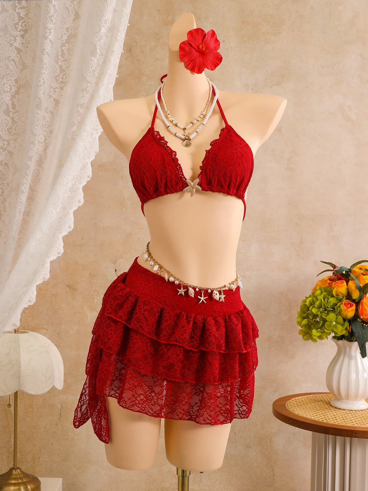 Sexy White Lace Bikini Set 2026 Women Beach Starfish Push Up Bra Swimsuit Holiday Bathing Suit Pleate Cover Up 3 Piece Swimwear