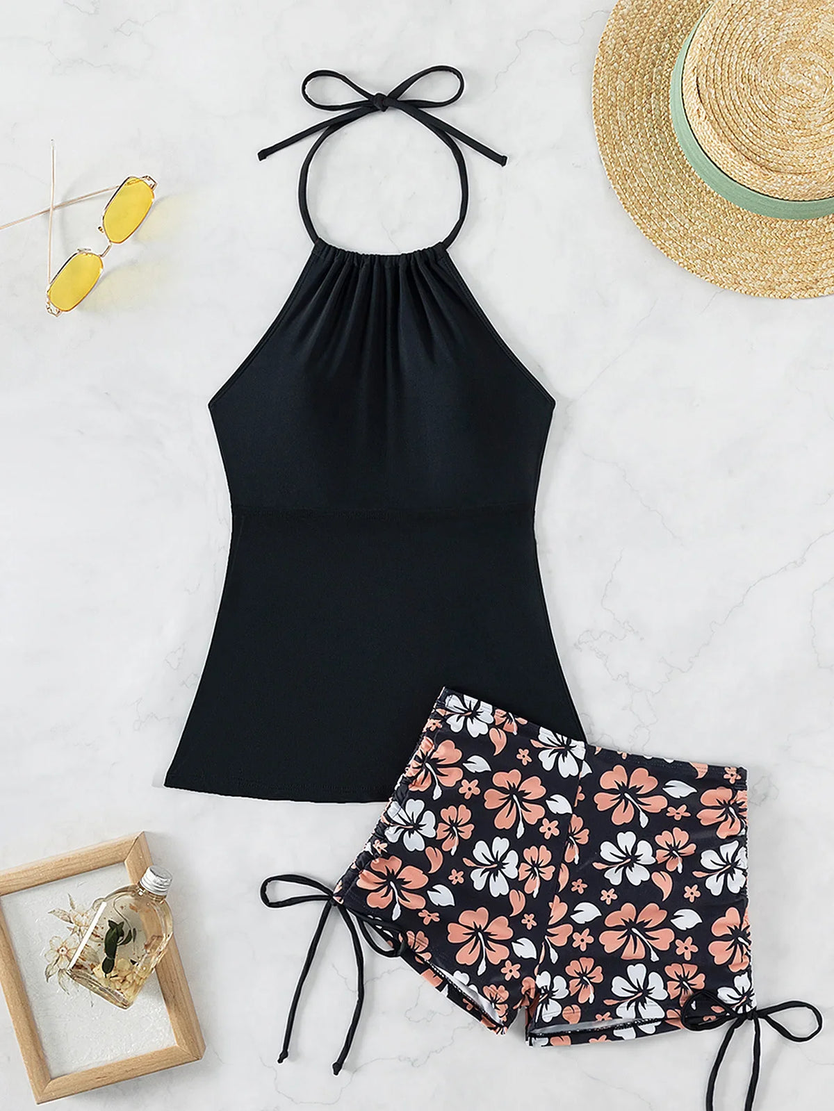 2026 Women's Bikini 2-piece Swimwear Tankini Set Sexy Halter Black Bathing SuitFloral Print Drawstring High Waist Swimsuit