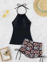 2026 Women's Bikini 2-piece Swimwear Tankini Set Sexy Halter Black Bathing SuitFloral Print Drawstring High Waist Swimsuit