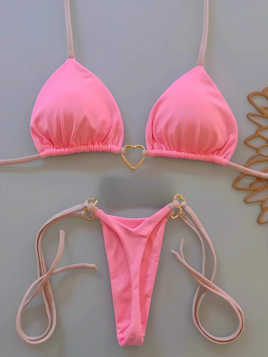 Metal Heart-shaped Halter Mini Micro Thong Bikini Female Swimsuit Women Swimwear Two-pieces Bikini Set Bather Bathing Suit Swim